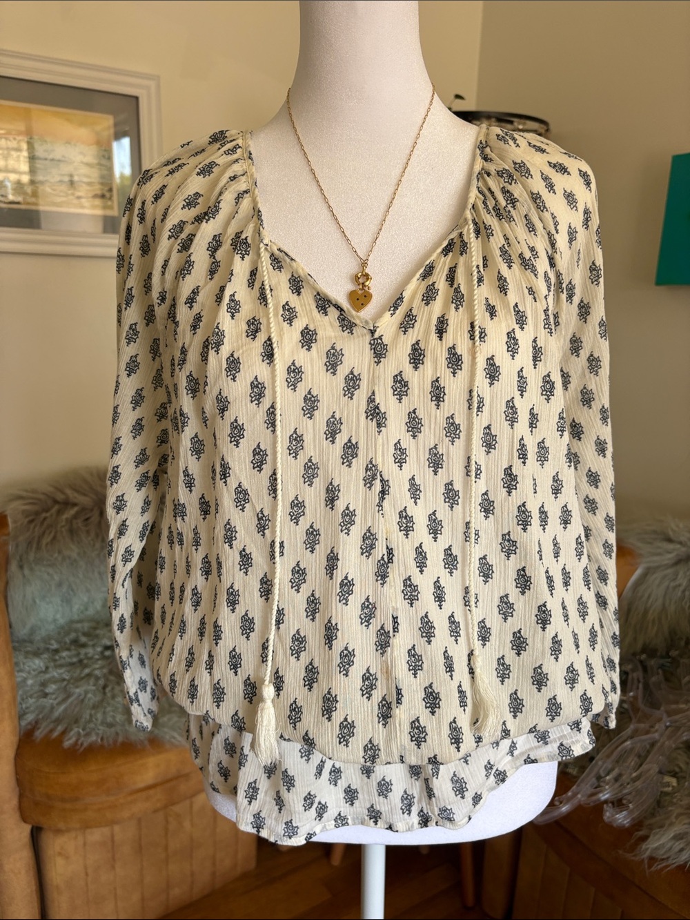 Soft Joie Cream Blouse with Navy Floral Motif